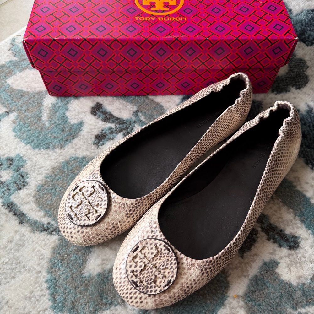 Tory Burch Stamped Snake Minnie Travel Ballet with Leather Logo Flats